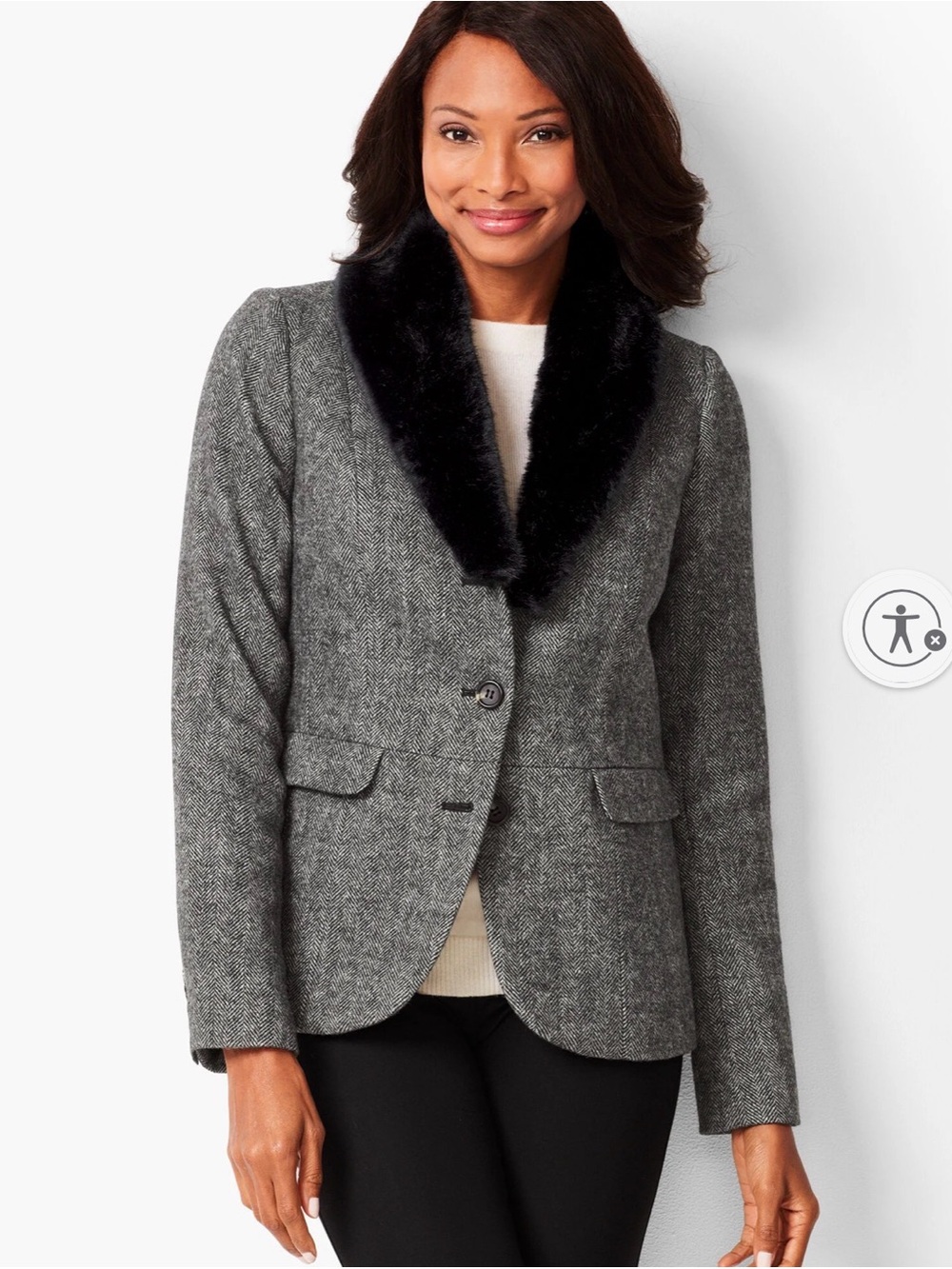 Talbots Aberdeen Herringbone Tweed Wool Blazer Faux Fur Classic Preppy Sz 16